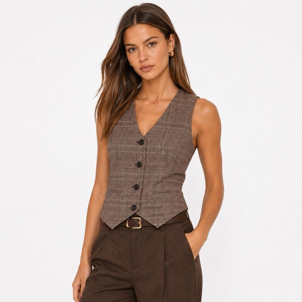 Banana Republic Women's Plaid Suit Vest Petite 2 Tweed Brown Beige V-Neck Lined